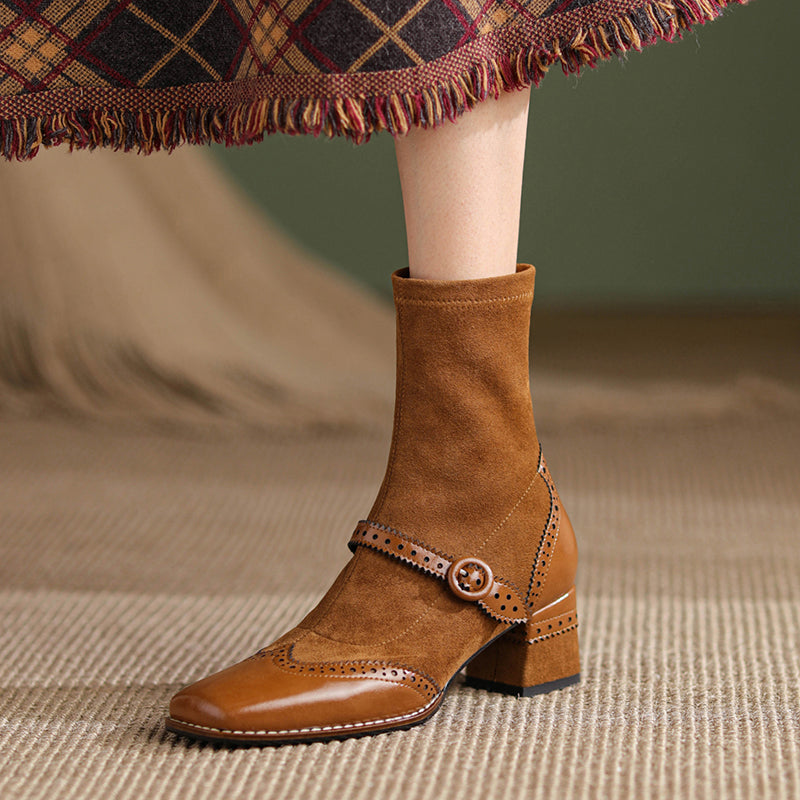 Women's Retro Horsehide Ankle Boots Vintage Square Toe Brogue Buckle Zipper Sock Booties
