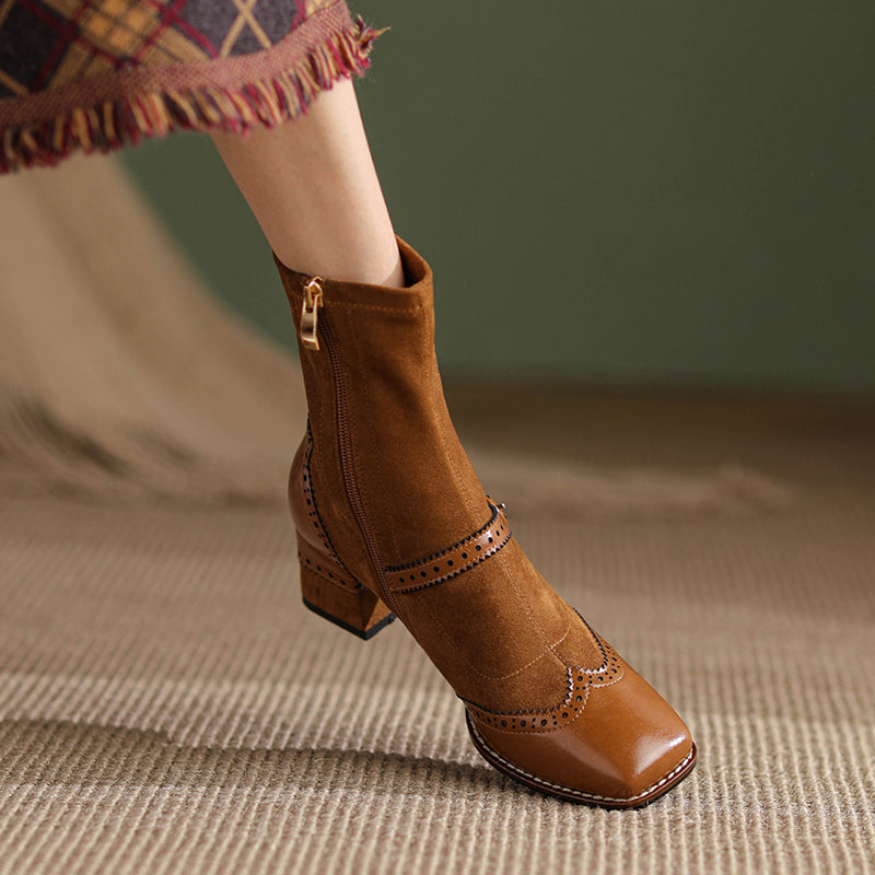 Women's Retro Horsehide Ankle Boots Vintage Square Toe Brogue Buckle Zipper Sock Booties