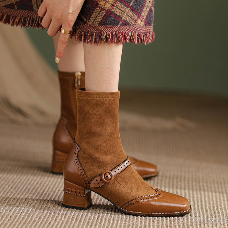 Women's Retro Horsehide Ankle Boots Vintage Square Toe Brogue Buckle Zipper Sock Booties