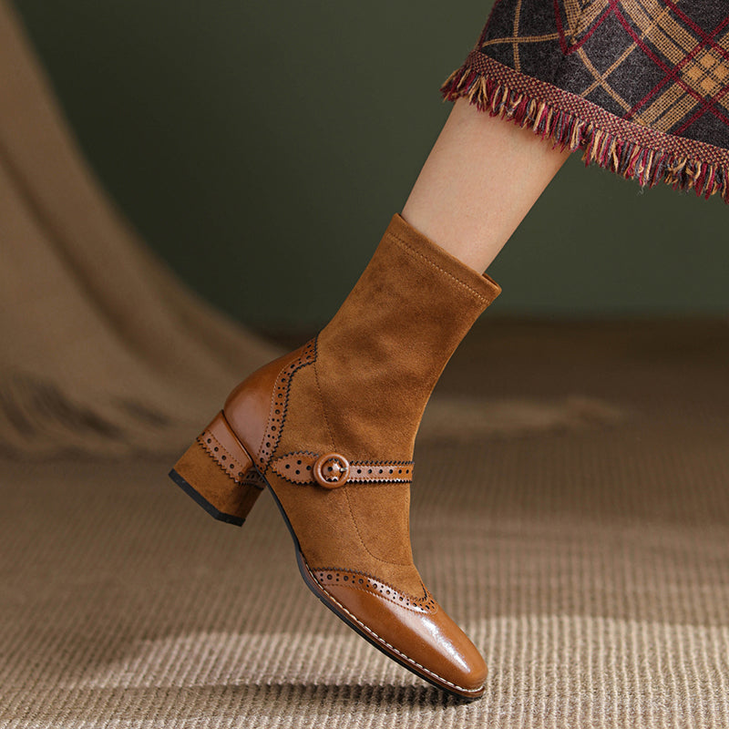 Women's Retro Horsehide Ankle Boots Vintage Square Toe Brogue Buckle Zipper Sock Booties