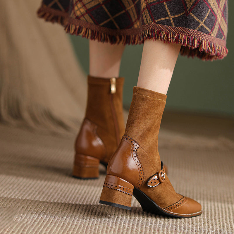 Women's Retro Horsehide Ankle Boots Vintage Square Toe Brogue Buckle Zipper Sock Booties