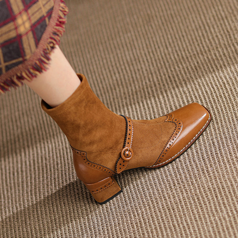 Women's Retro Horsehide Ankle Boots Vintage Square Toe Brogue Buckle Zipper Sock Booties