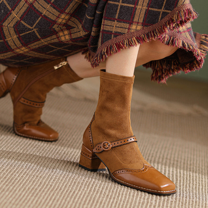 Women's Retro Horsehide Ankle Boots Vintage Square Toe Brogue Buckle Zipper Sock Booties