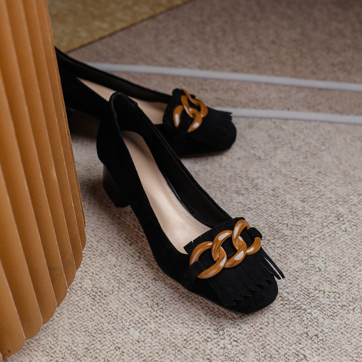 Elegant Women's Suede Leather Pumps – Mid Block Heel with Tassel & Chain