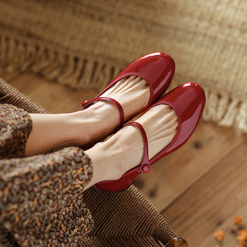 Women's Patent Mary Janes - Low Block Heel Elegant Round-Toe Summer Pumps