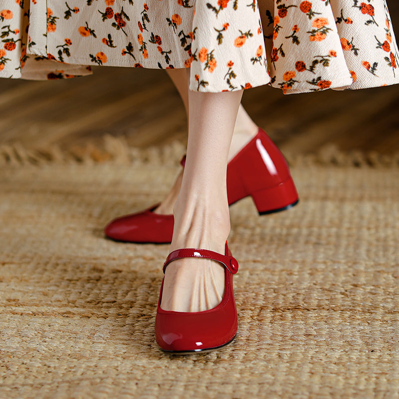 Women's Patent Mary Janes - Low Block Heel Elegant Round-Toe Summer Pumps