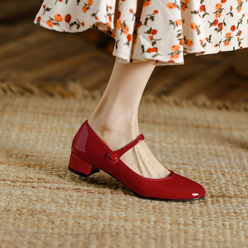 Women's Patent Mary Janes - Low Block Heel Elegant Round-Toe Summer Pumps