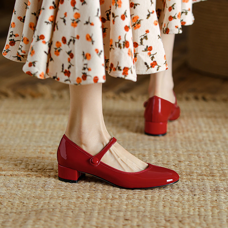 Women's Patent Mary Janes - Low Block Heel Elegant Round-Toe Summer Pumps