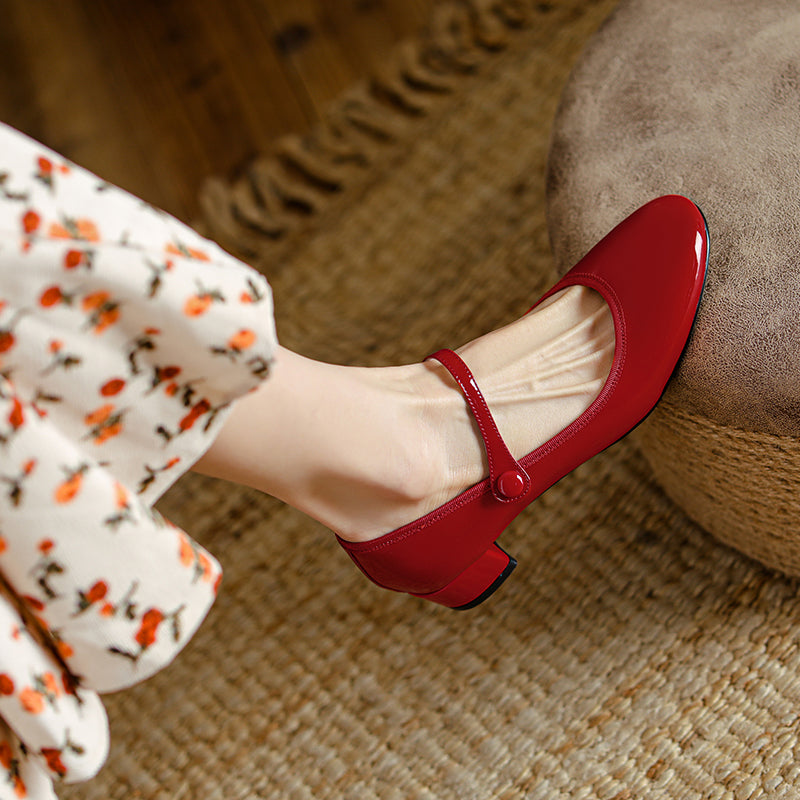 Women's Patent Mary Janes - Low Block Heel Elegant Round-Toe Summer Pumps