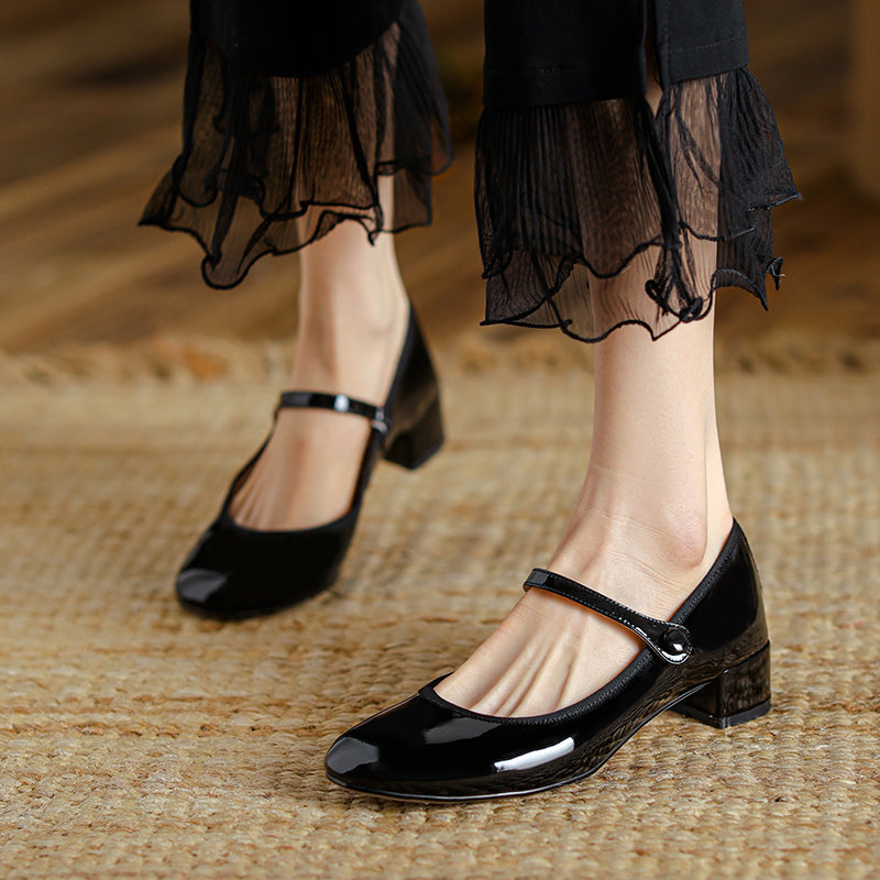 Women's Patent Mary Janes - Low Block Heel Elegant Round-Toe Summer Pumps