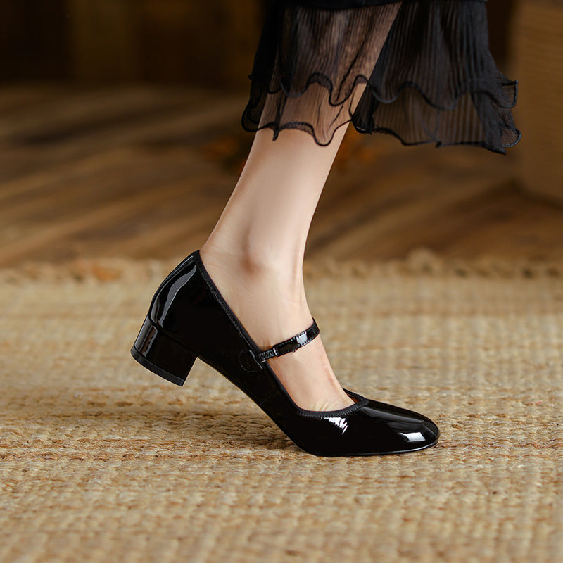 Women's Patent Mary Janes - Low Block Heel Elegant Round-Toe Summer Pumps