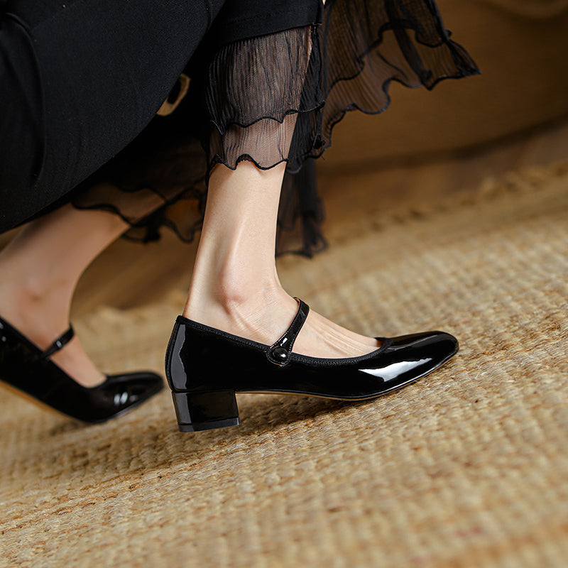 Women's Patent Mary Janes - Low Block Heel Elegant Round-Toe Summer Pumps