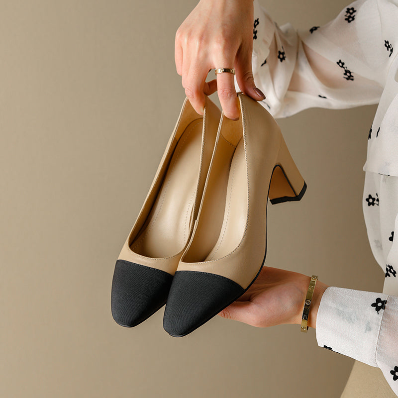 Women's Elegant Leather Office Patchwork Block Heel Pump