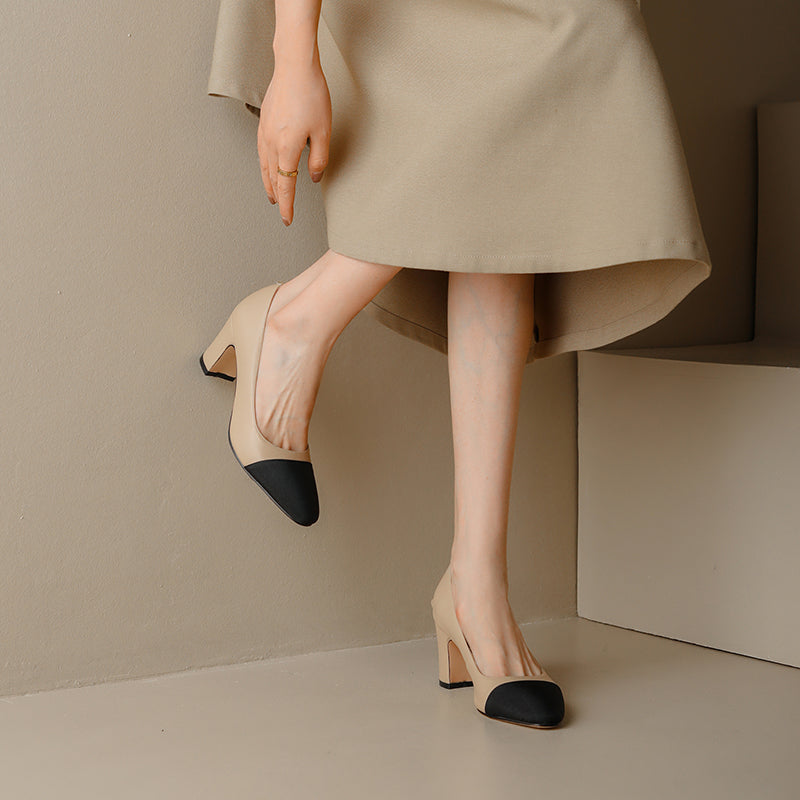 Women's Elegant Leather Office Patchwork Block Heel Pump