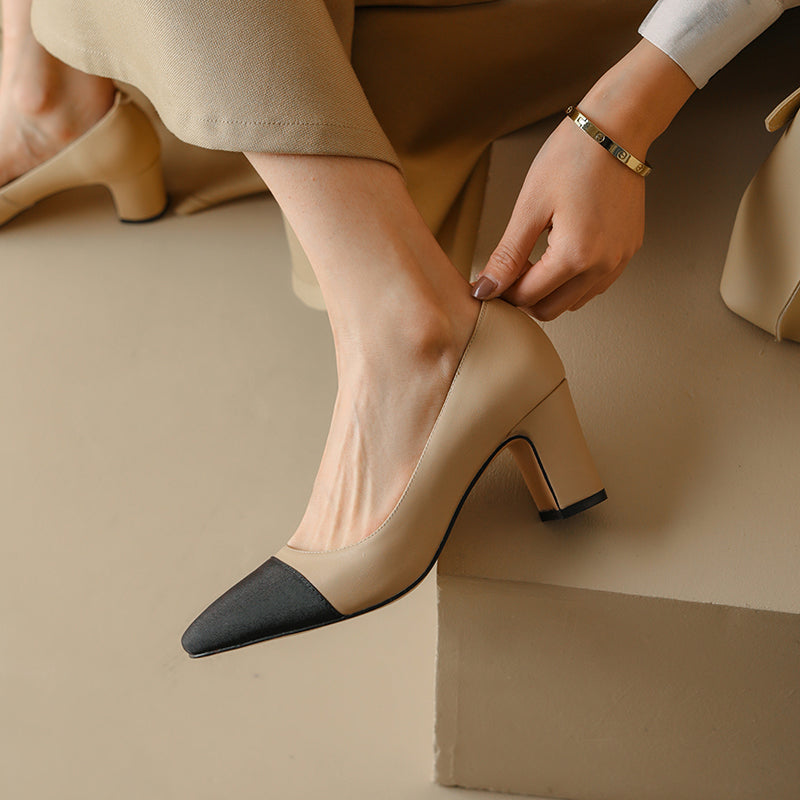 Women's Elegant Leather Office Patchwork Block Heel Pump