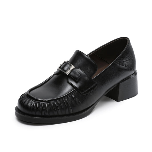 Women’s Sheepskin Leather Loafers – British Style Block Heel Mid Heel Shoes