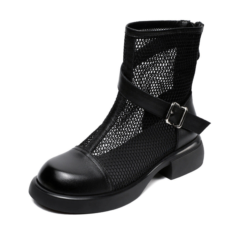 Women's Leather Summer Boots – Mesh Insert Breathable Ankle Shoes