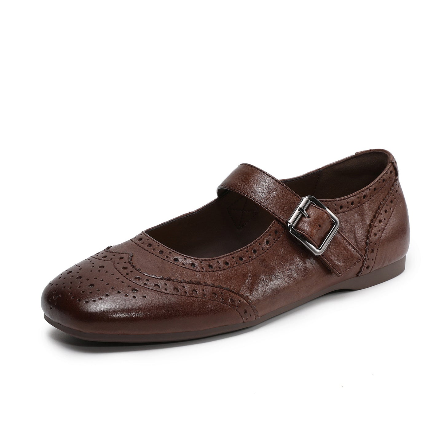 Women's Vintage British Style Leather Mary Janes - Hand-Punched Brogue Details - Soft Walking Shoes
