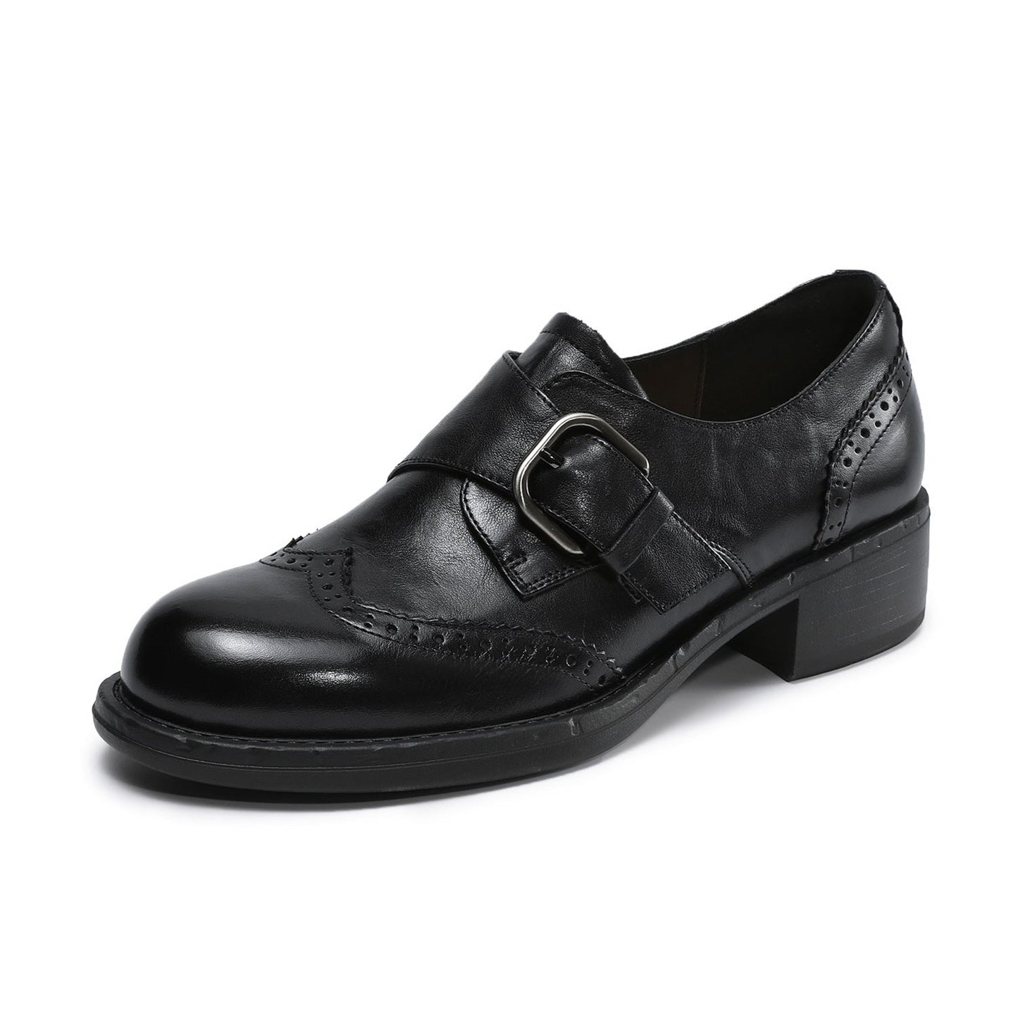 Women's Retro Leather Monk Strap Shoes Vintage Round Toe Brogue Chunky Heels