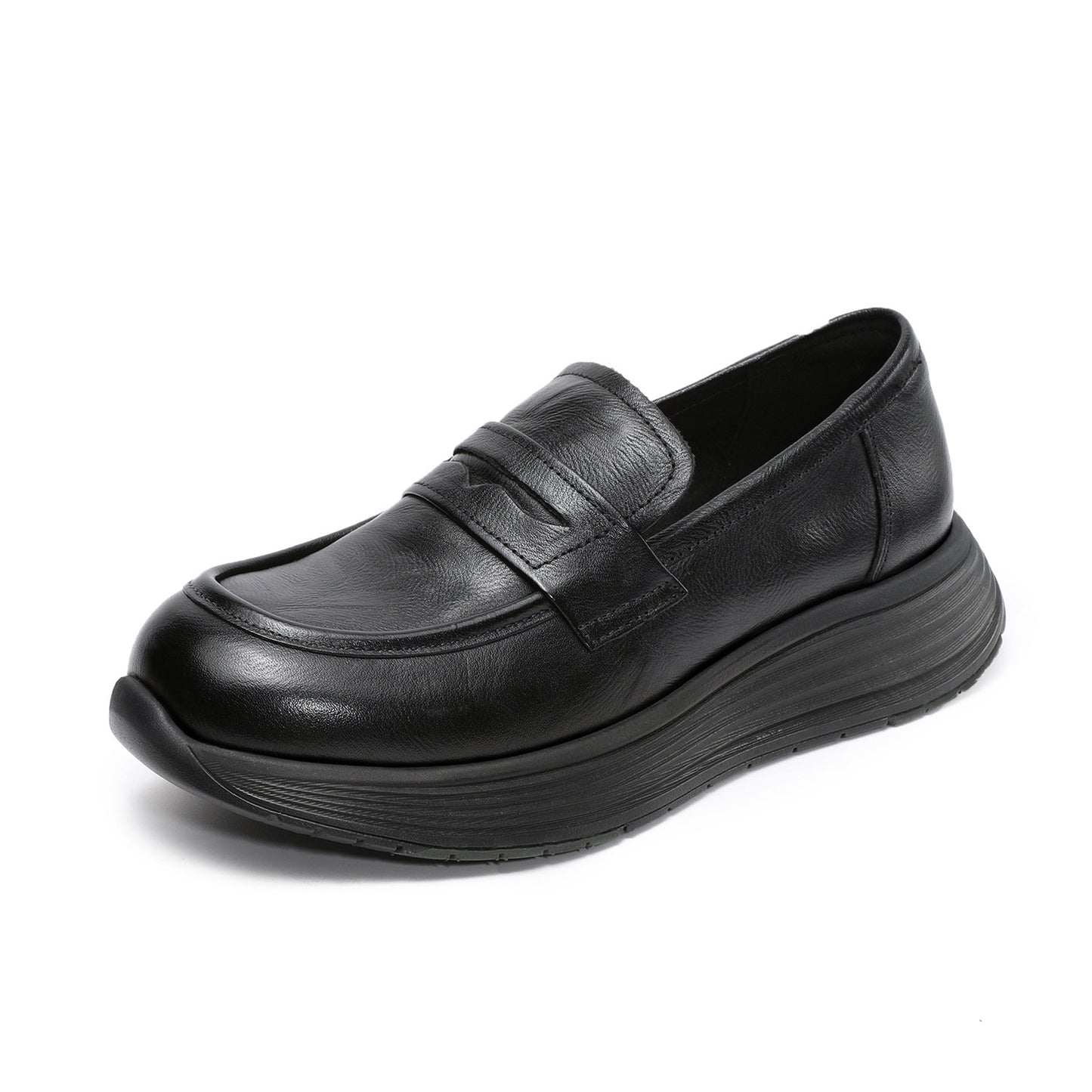 Women’s Leather Slip-On Loafers – Vintage Low Wedge Comfort Shoes