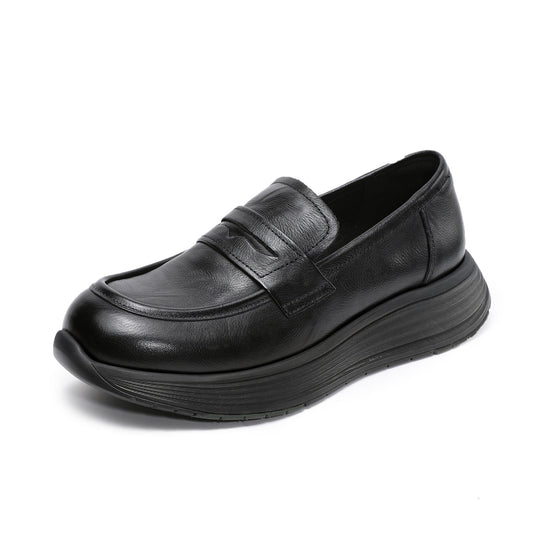 Women’s Leather Slip-On Loafers – Vintage Low Wedge Comfort Shoes