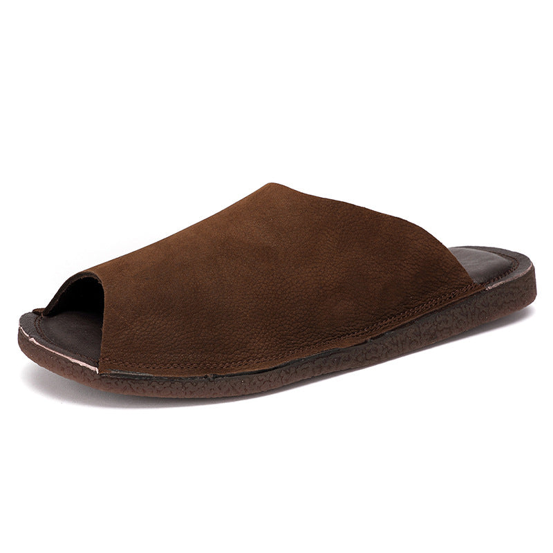 Women's Leather Flat Open Toe Mule Shoes