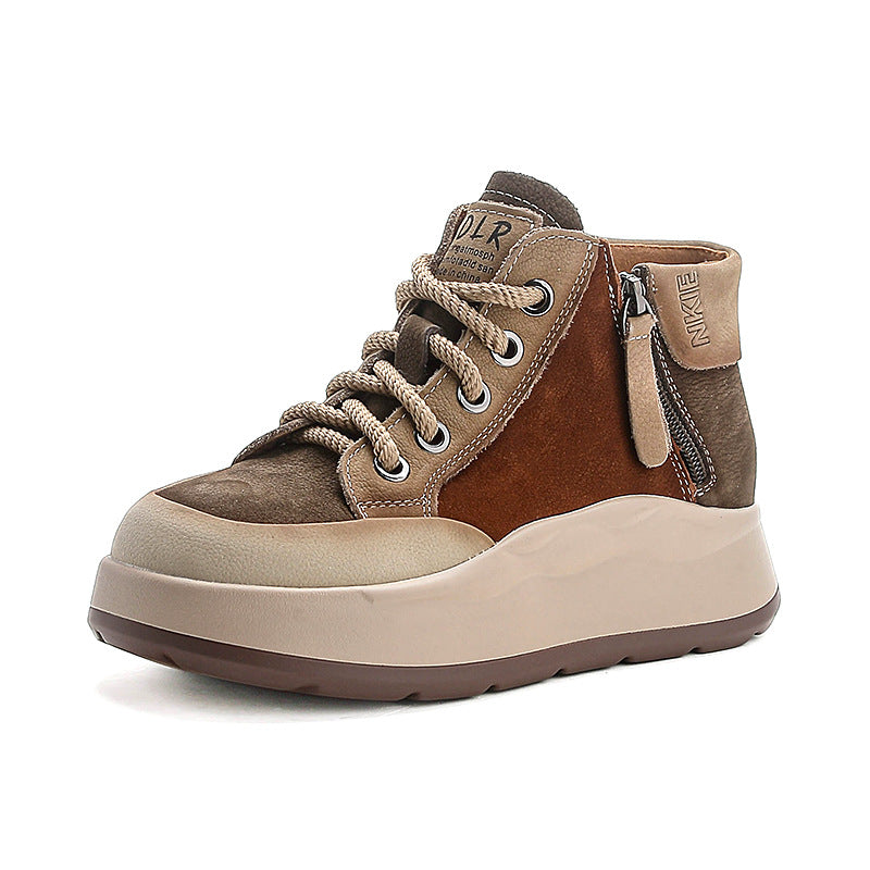 Women’s Leather Colour-Block High-Top Platform Boots – Side Zip Casual Shoes