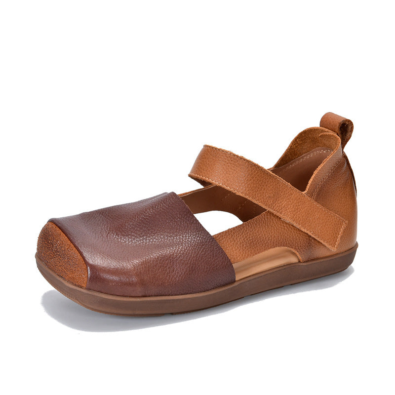Handmade Leather Sandals - Women's Retro Square Toe Walking Flats with Velcro Strap