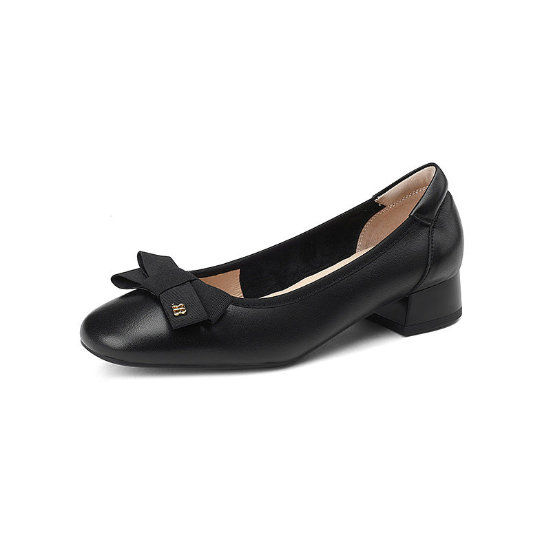 Women's Leather Ballet Flats - Round Toe with Elegant Bow Detail