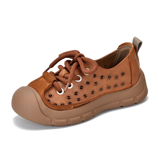 Women's Perforated Cowhide Sneakers - Unlined Summer Leisure Shoes - Thick Sole