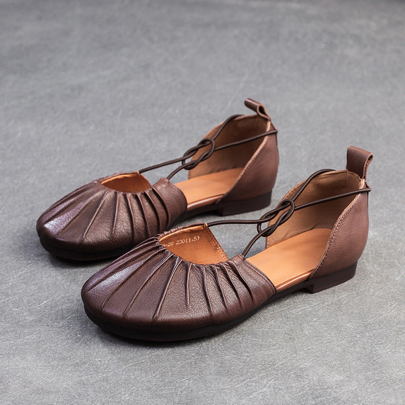 Women's Pleated Cowhide Flats - Wide-Toe Closed-Toe Sandals - Elastic Cross-Strap