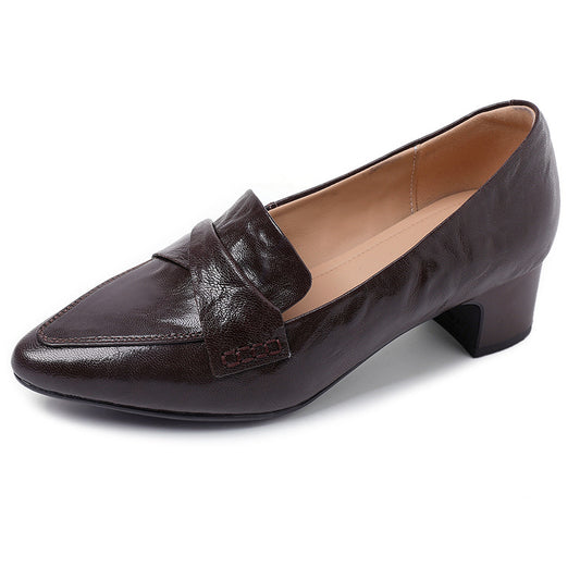 Women's Sophisticated Office Leather Pumps - Pointed Toe Block Heel Loafers