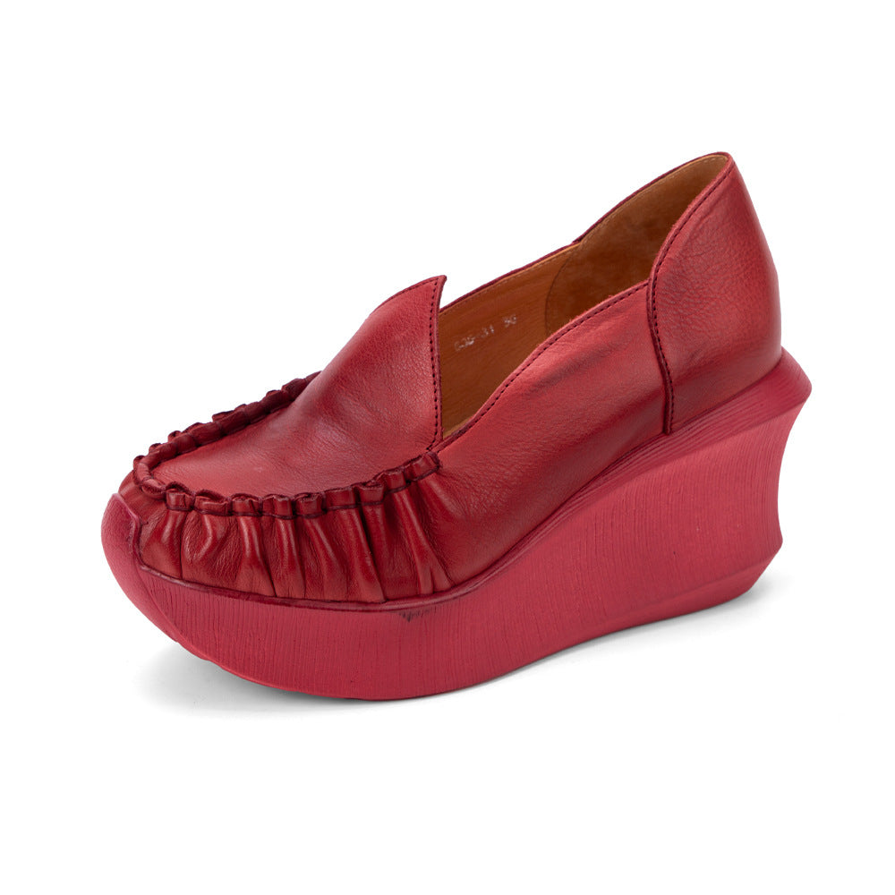 Women's Leather Platform Wedges - Ruched Toe High Heel Slip-ons