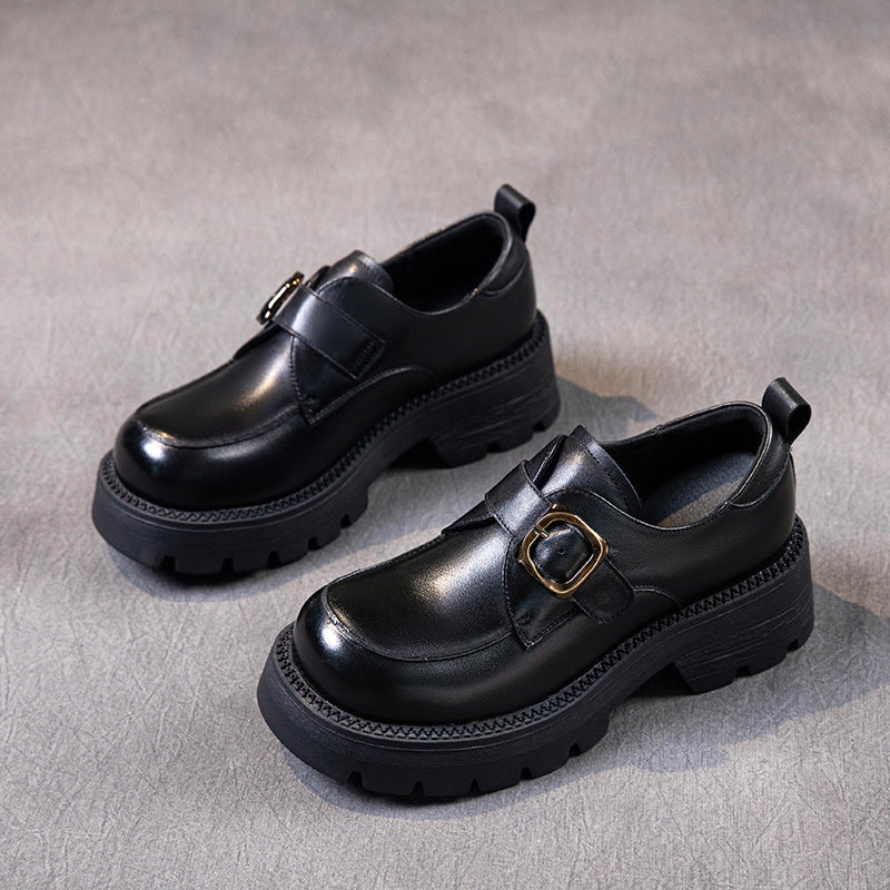 British Style Women's Chunky Loafers - Leather Oxford Shoes with Adjustable Velcro Strap