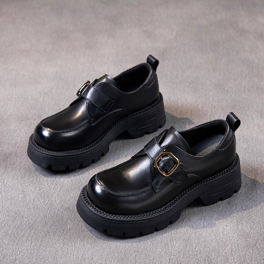 British Style Women's Chunky Loafers - Leather Oxford Shoes with Adjustable Velcro Strap