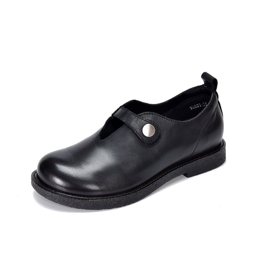 Women’s Vintage Leather Loafers – Round Toe Buckle Strap Comfortable Flats