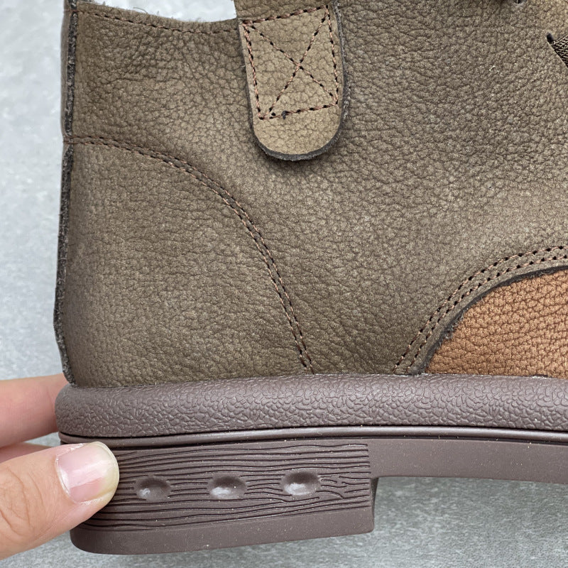 Women's Comfortable Leather Short Boots – Round Toe Patchwork Ankle Shoes