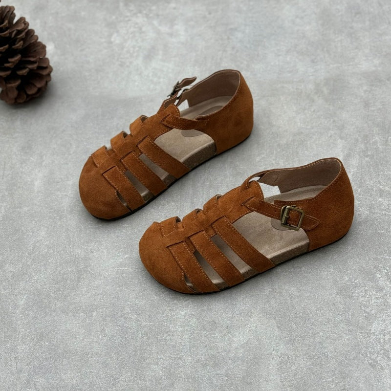 Women's Closed Toe Retro Flat Suede Leather Woven Casual Sandals