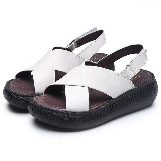 Women's Leather Open Toe Cross Strap Velcro Wedge Heel Sandals