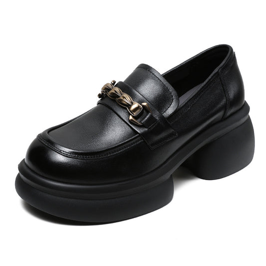 Women’s Leather Platform Block Heel Loafers – British Vintage Chain Detail
