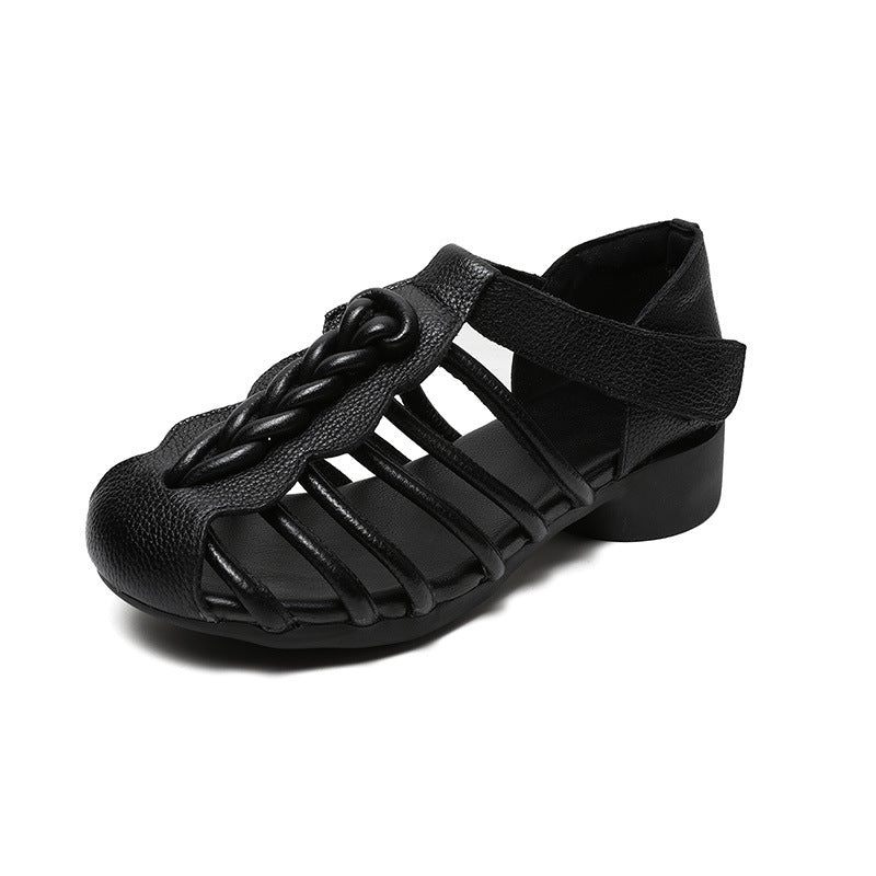 Breathable Leather Summer Sandals for Women - Round Toe Flat Walking Shoes with Velcro Strap