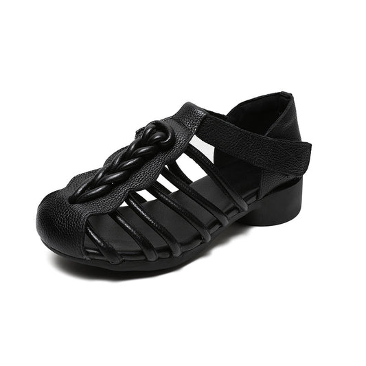 Breathable Leather Summer Sandals for Women - Round Toe Flat Walking Shoes with Velcro Strap