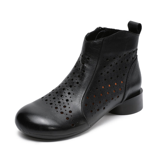Women’s Summer Breathable Cut-Out Leather Boots – Retro Mid Heel Sandals