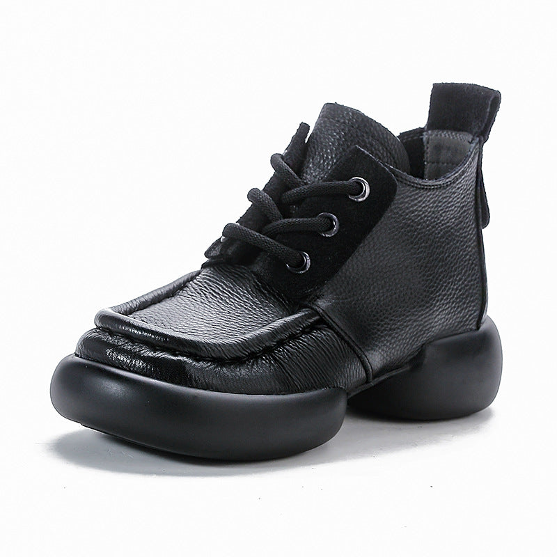 Women’s Soft Leather Lace-Up Ankle Boots – Thick Sole Casual Style