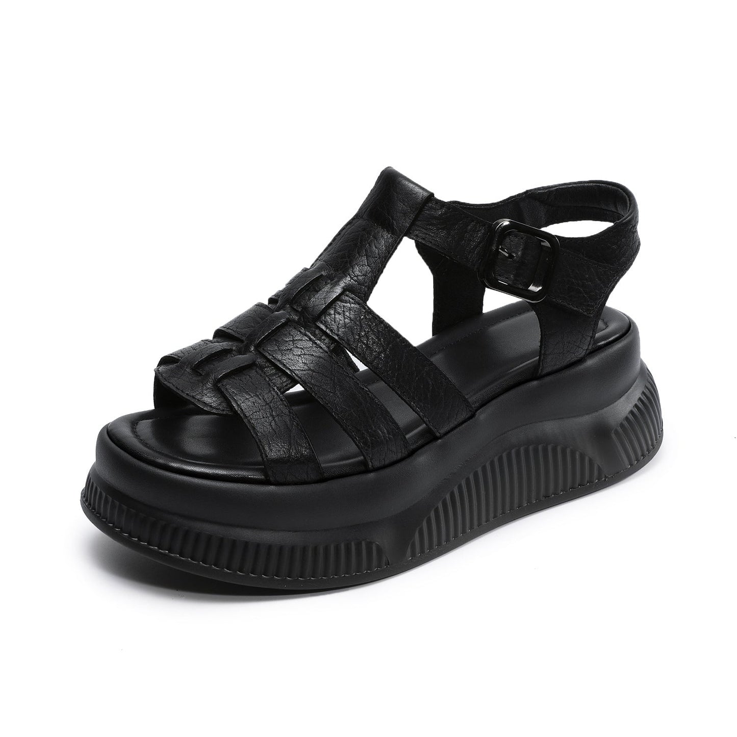 Women's Retro Leather Roman Sandals Vintage Round Toe Platform Chunky Platform Heels