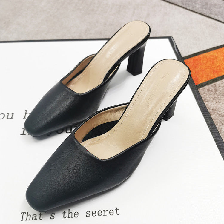 Women's Leather Square Toe High Heeled Mule Shoes