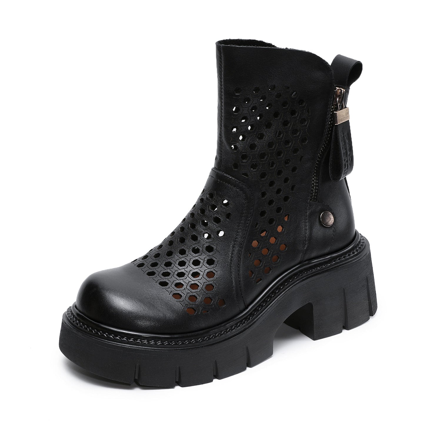 Women’s Retro Leather Cut-Out Ankle Boots – Summer Chunky Block Heel Zip Boots