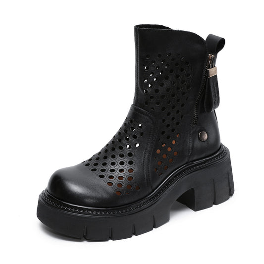 Women’s Retro Leather Cut-Out Ankle Boots – Summer Chunky Block Heel Zip Boots