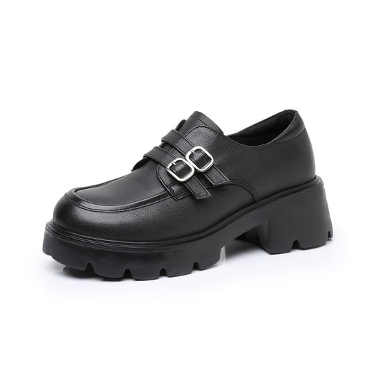 Women's Chunky Platform Loafers - Leather Shoes with EVA Outsole - Double Buckle Detail