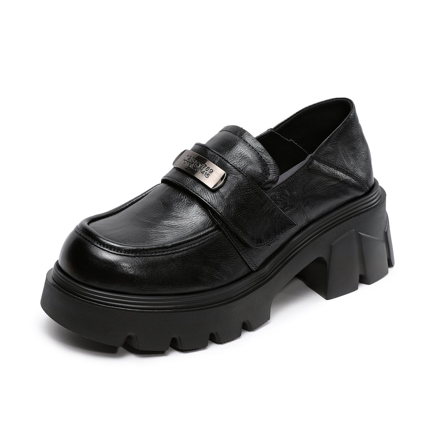 Women’s Leather Platform Block Heel Loafers – Vintage Metal Detail